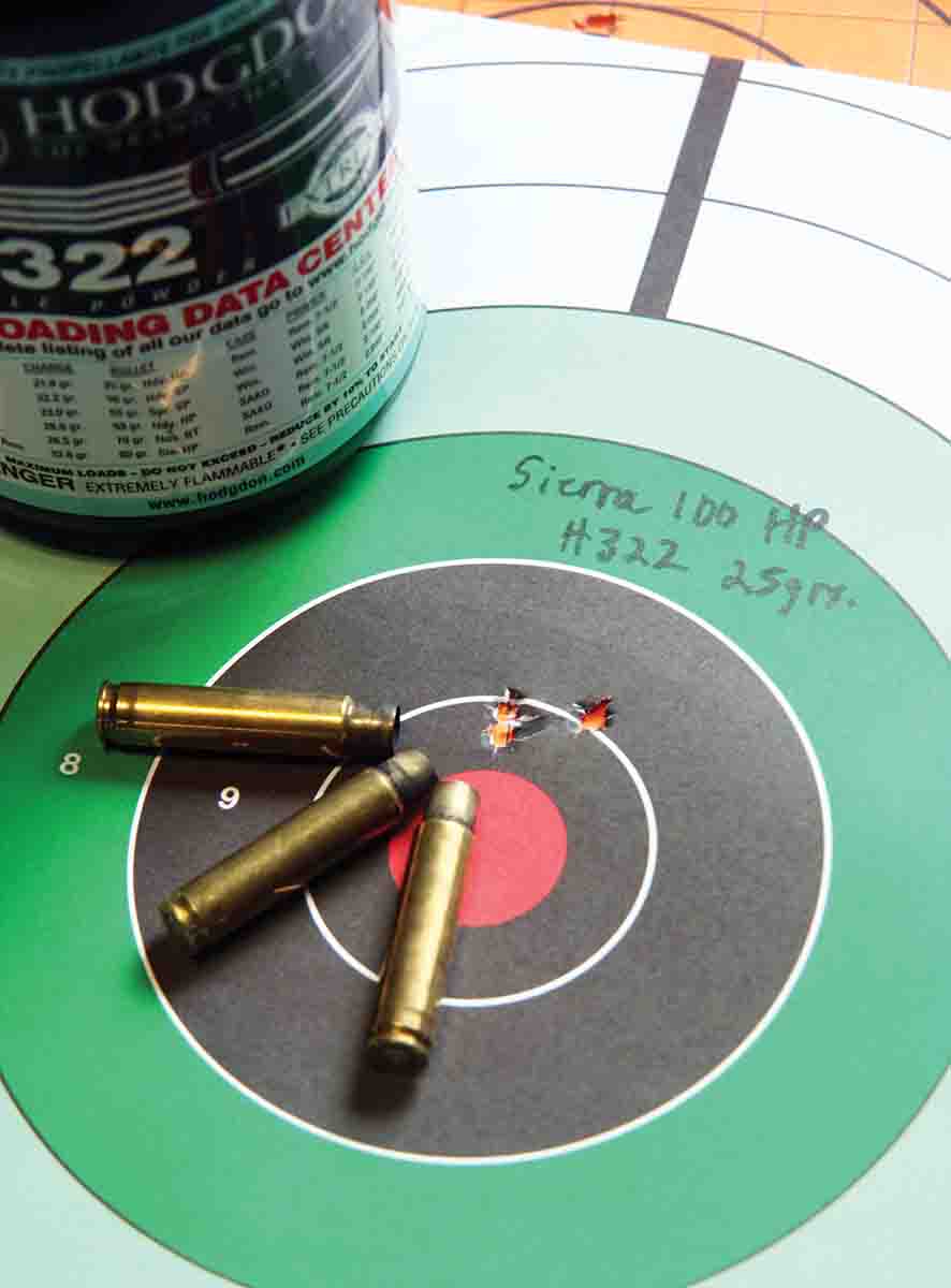 Loading 25 grains of Hodgdon H-322 beneath Sierra’s 100-grain Varminter HP produces Patrick’s long-time, proven varmint-shooting load. Pushed to 2,029 fps, this bullet produced a .56-inch, three-shot 100-yard group.